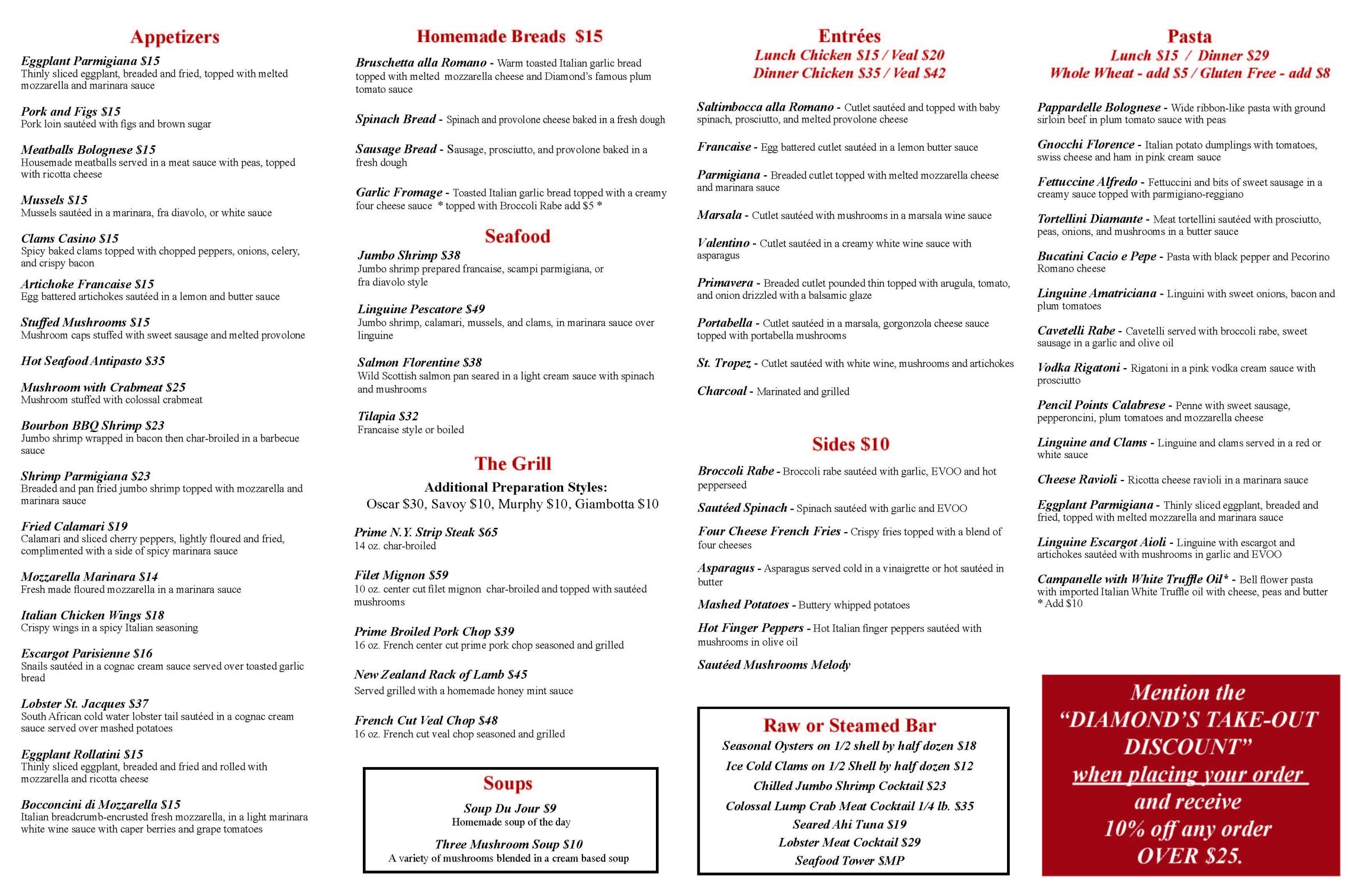Text-based menu featuring sections for appetizers, seafood, homemade breads, the grill, steaks, soups, and a promotional discount for pasta take-out orders.