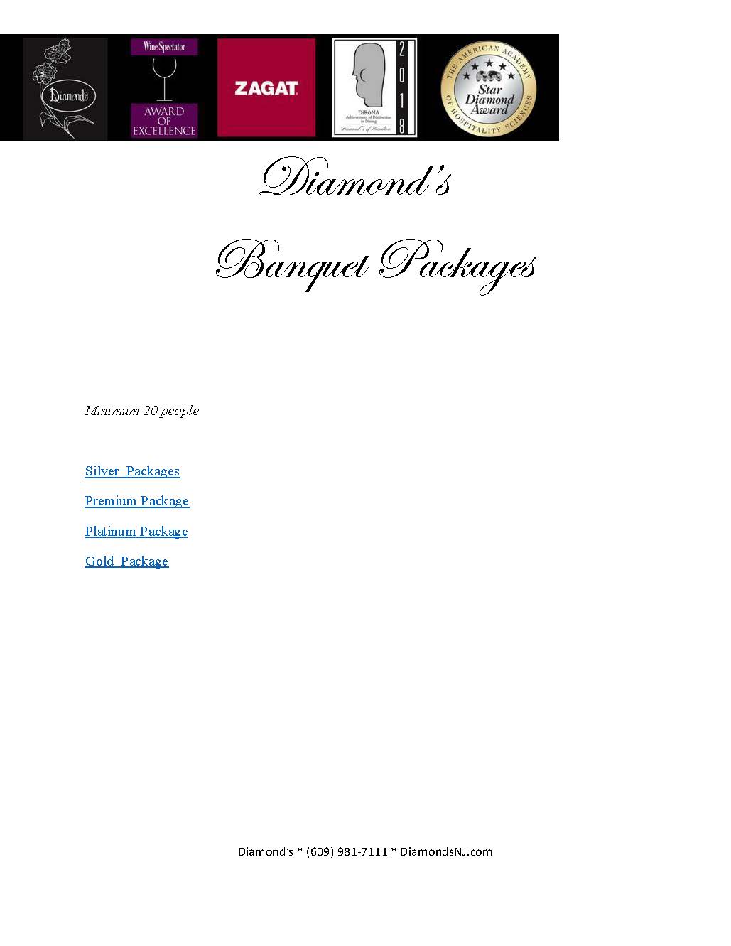 Promotional flyer for diamond's banquet packages featuring logos, minimum group requirement, and three package options: silver, premium, and gold, with contact details at the bottom.