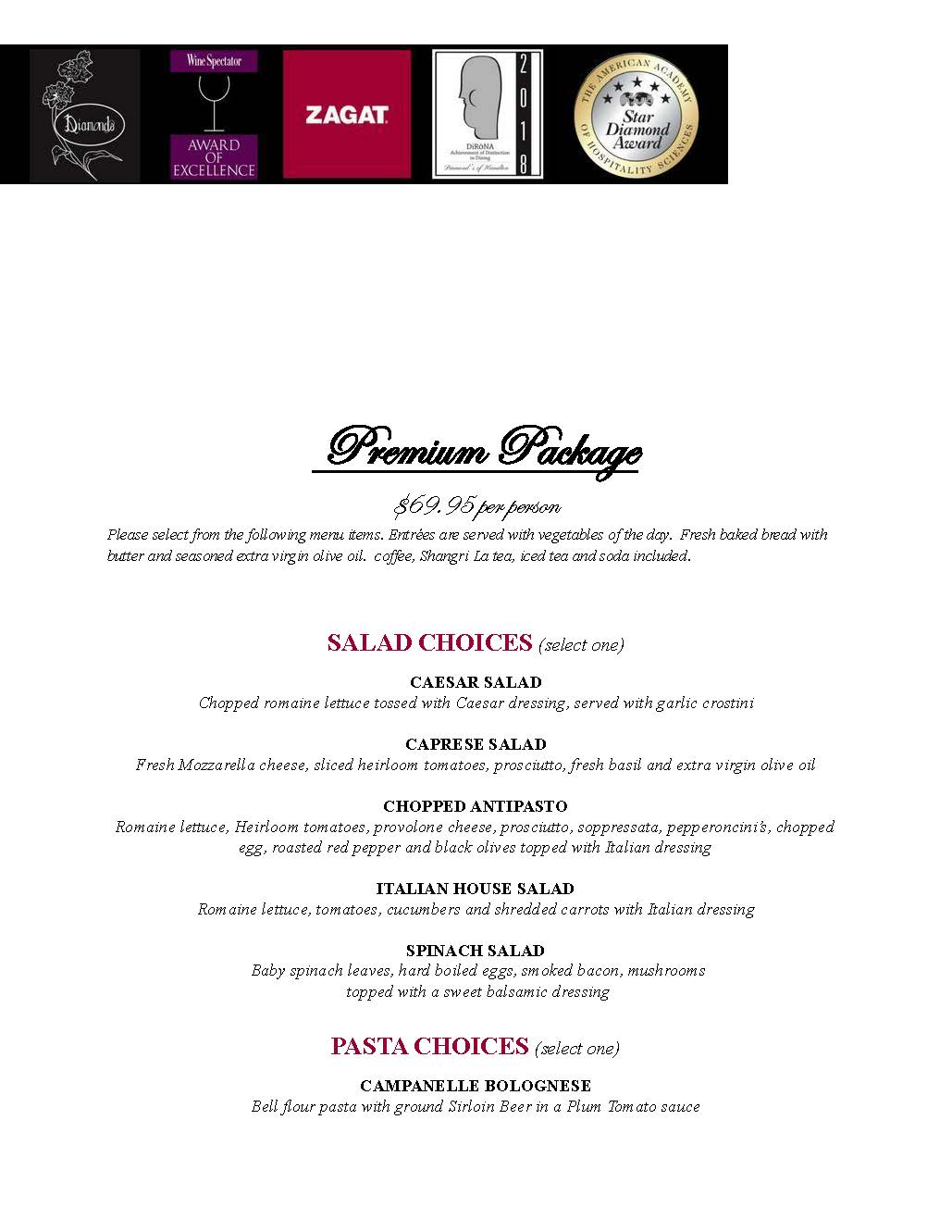 Menu page for the premium package at bianelli's restaurant, featuring award logos, and lists of salad, pasta, and bread options.