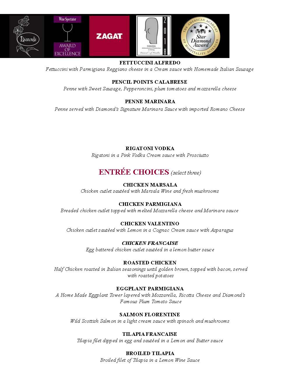 Menu page featuring italian dishes including pasta, various chicken entrées, and salmon, along with descriptions and drink pairings, styled in an elegant black and white design.
