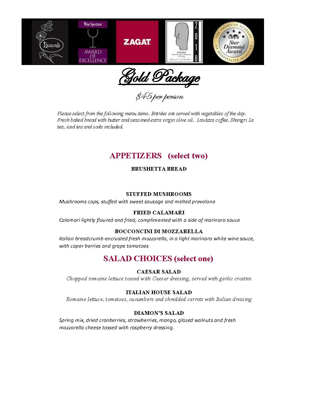 Menu page titled "gold package," featuring a variety of appetizers, entrees, and desserts with elegant fonts and award badges on top.