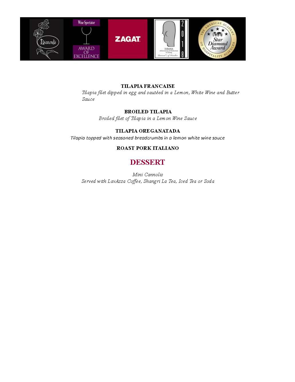 Menu page featuring dessert options with a tilapia main course description, accompanied by several food quality certification logos at the top.
