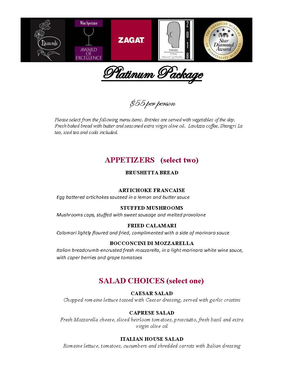 Menu page featuring logos of various awards at the top followed by meal selections including entrées, appetizers, and salads detailed with both dish names and included ingredients.