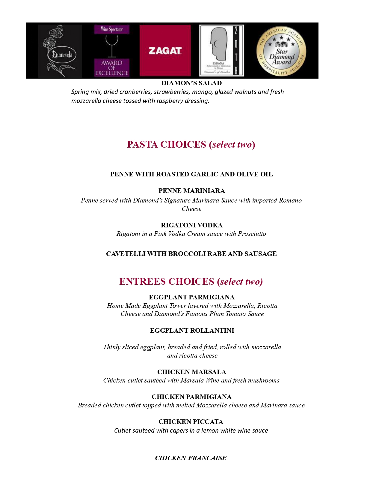 Menu featuring a selection of italian dishes including pasta with raspberry dressing, roasted garlic penne, rigatoni with broccoli, eggplant parmigiana, and chicken dishes.