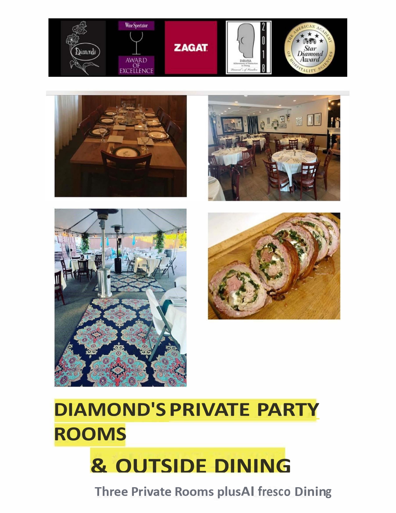 Advertisement for diamond's restaurant featuring images of private dining rooms, patio dining area, and a dish of sushi, along with multiple award logos.