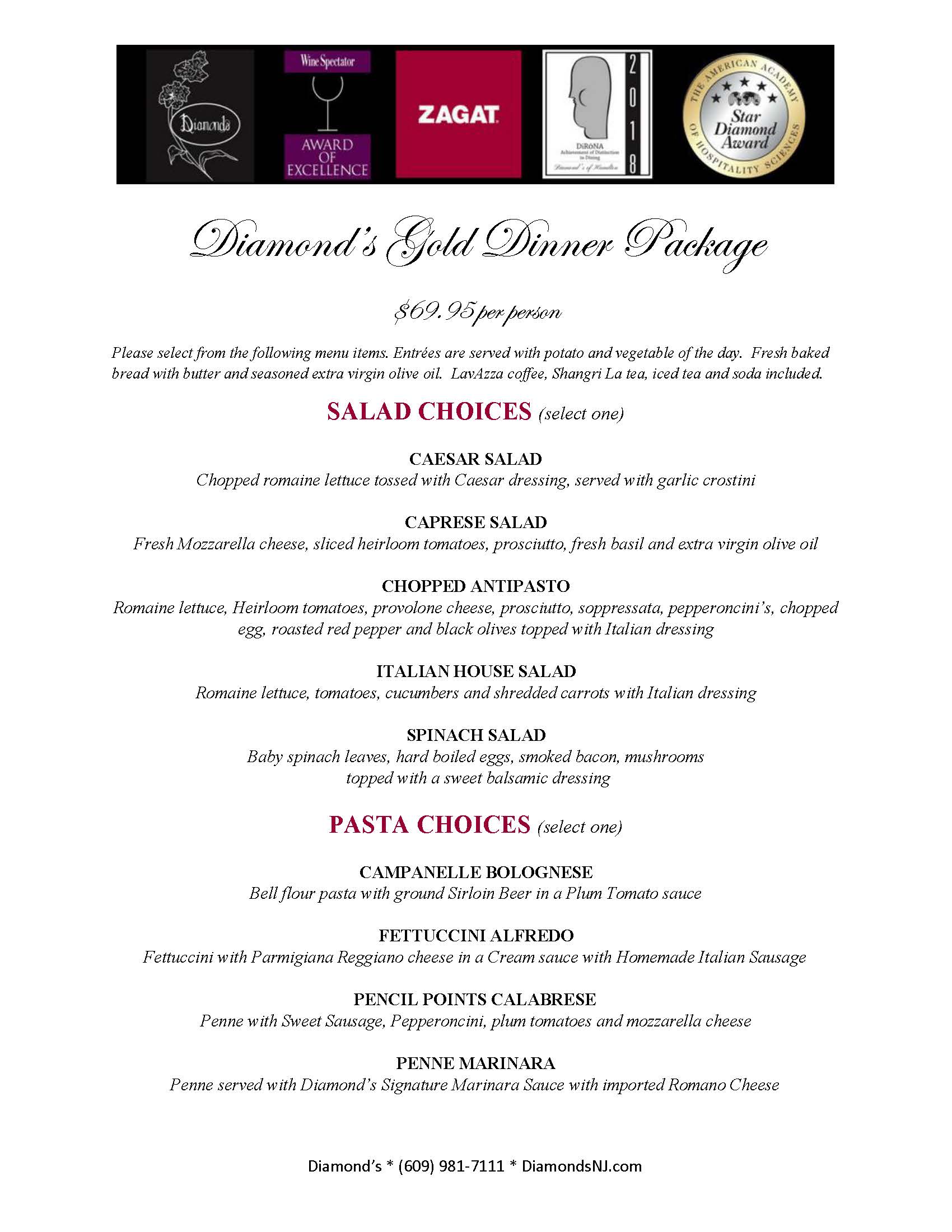 The menu for the diamond's gold dinner package.