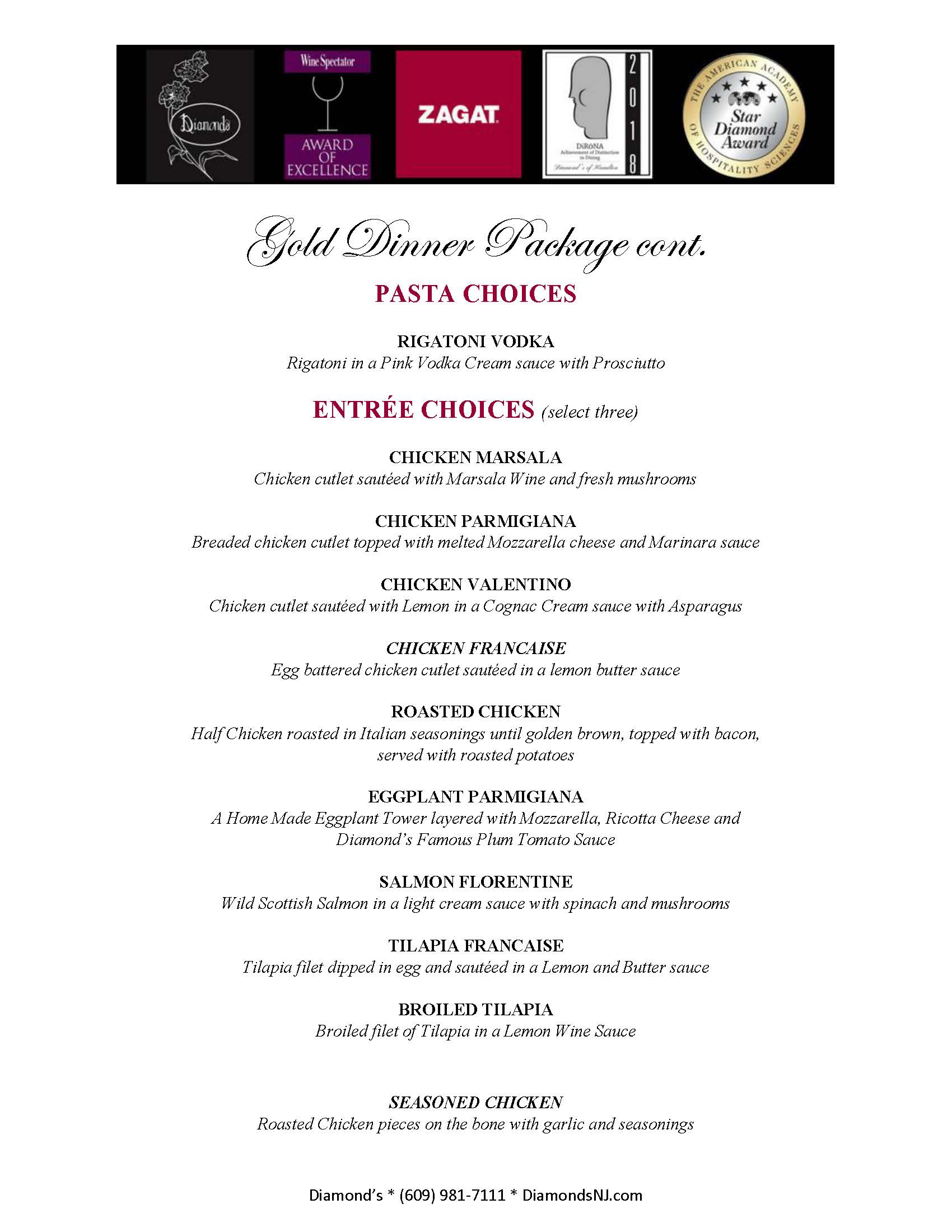 The menu for the gold dinner package event.