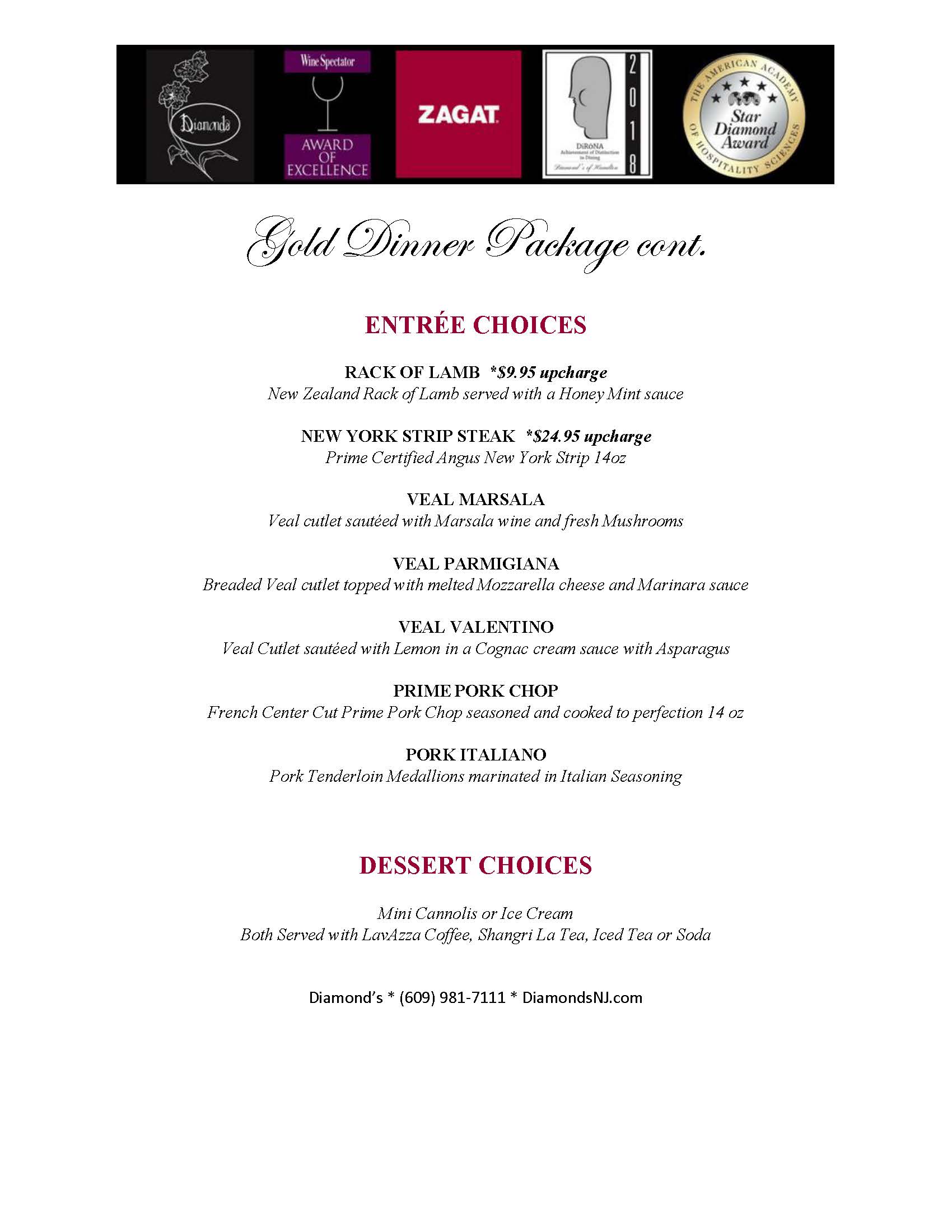 The menu for the gold dinner package.