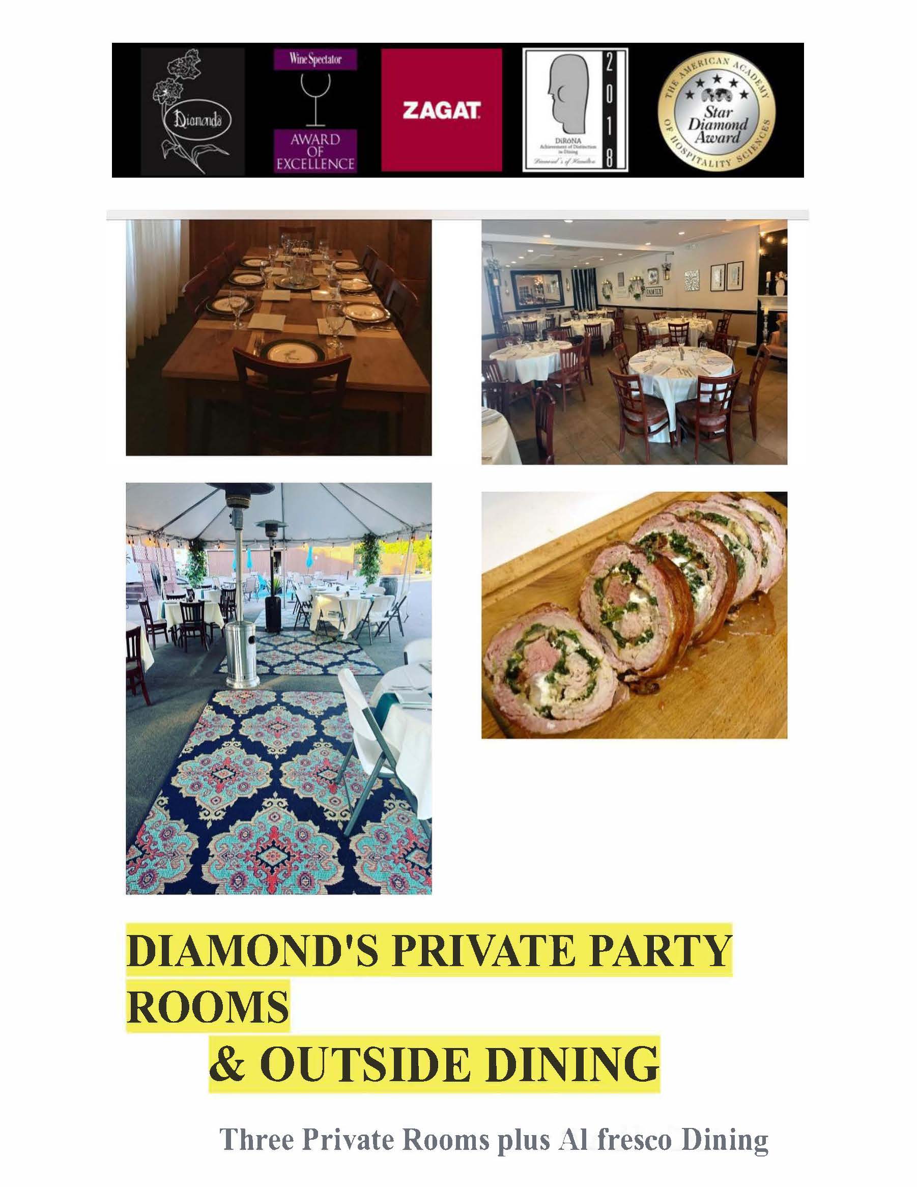A flyer for diamond's private party rooms and outdoor dining.