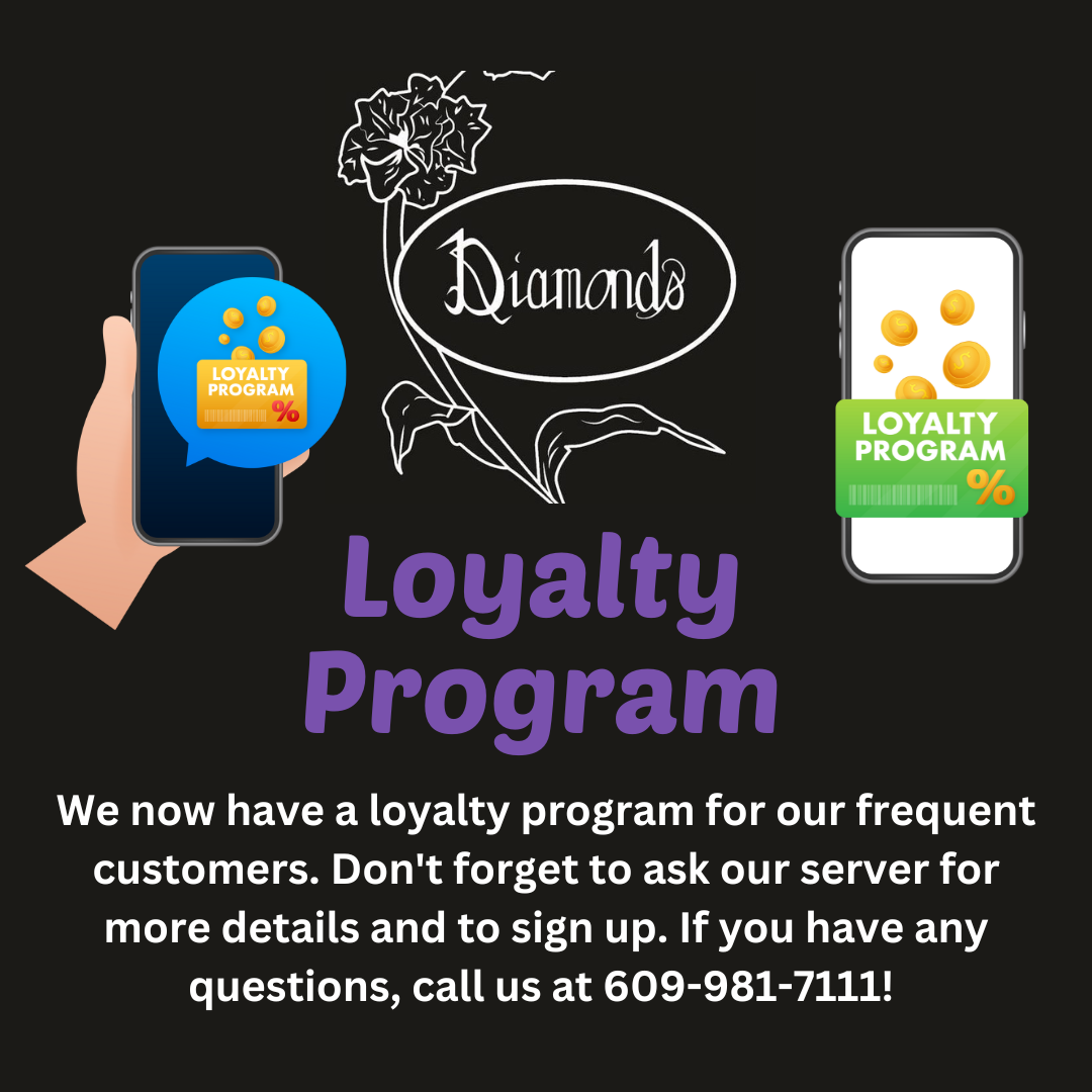 Black background with text promoting a loyalty program for "Diamonds" involving frequent customer rewards. It shows two hands holding phones with loyalty program badges. Contact: 609-981-7111.