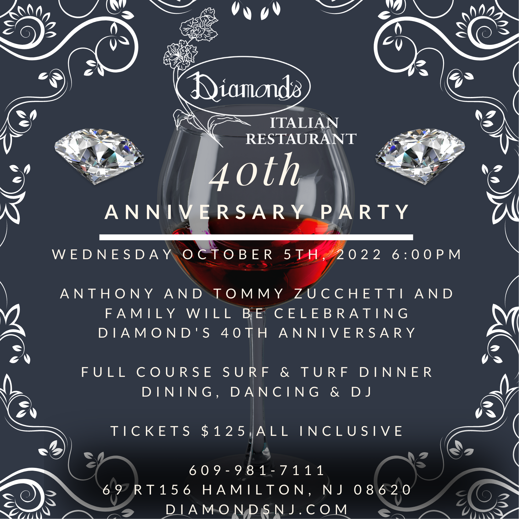 Diamonds 40th anniversary party flyer.